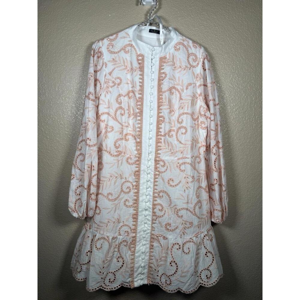 G.D.S Intermax Women‎ Embroidered Dress Sz L White And Peace Button Up Preppy